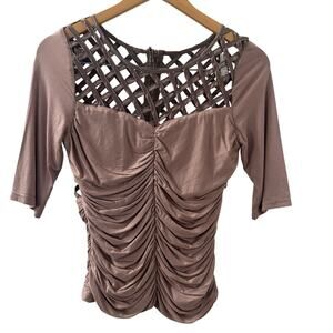 Calla Ruched Lattice Blouse Mauve Cutout Top Clubwear Y2K Stretch sz L